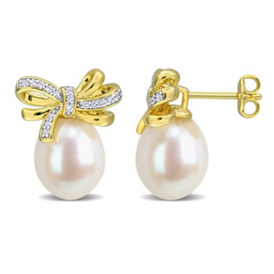 Belk & Co Lab Created 9.5-10mm Freshwater Cultured Pearl & White Sapphire Bow Drop Earrings in Yellow Plated Sterling Silver