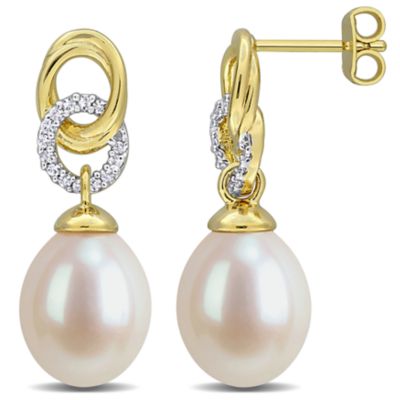 Belk & Co Lab Created 9.5-10mm Freshwater Cultured Pearl & White Sapphire Link Drop Earrings in Yellow Plated Sterling Silver