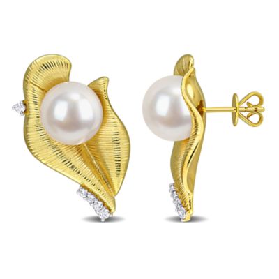 Belk & Co Lab Created 10.5-11mm Freshwater Cultured Pearl & White Sapphire Drop Earrings in Yellow Plated Sterling Silver