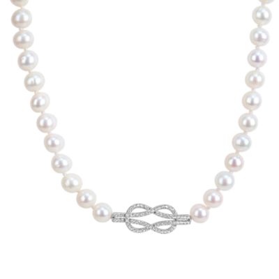 Belk & Co Lab Created 7-7.5mm Freshwater Cultured Pearl & White Sapphire Knot Necklace in Sterling Silver-17 in