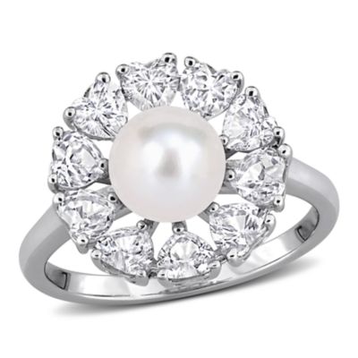 Belk & Co Lab Created 7-7.5mm Freshwater Cultured Pearl & White Sapphire Floral Ring in Sterling Silver