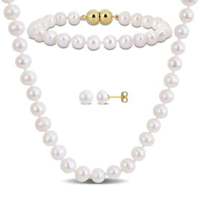 Belk & Co 3-PC Set of 6.5-7mm Freshwater Cultured Pearl Strand Necklace, Bracelet & Earrings in Yellow Plated Sterling Silver