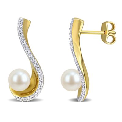 Belk & Co Lab Created 5.5-6mm Freshwater Cultured Pearl & White Sapphire Earrings in Yellow Plated Sterling Silver