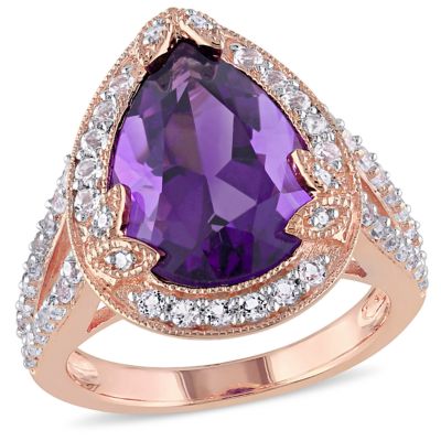 Belk & Co Amethyst-Africa, White Topaz & Diamond Accent Halo Leaf Split Shank Ring in Rose Plated Sterling Silver