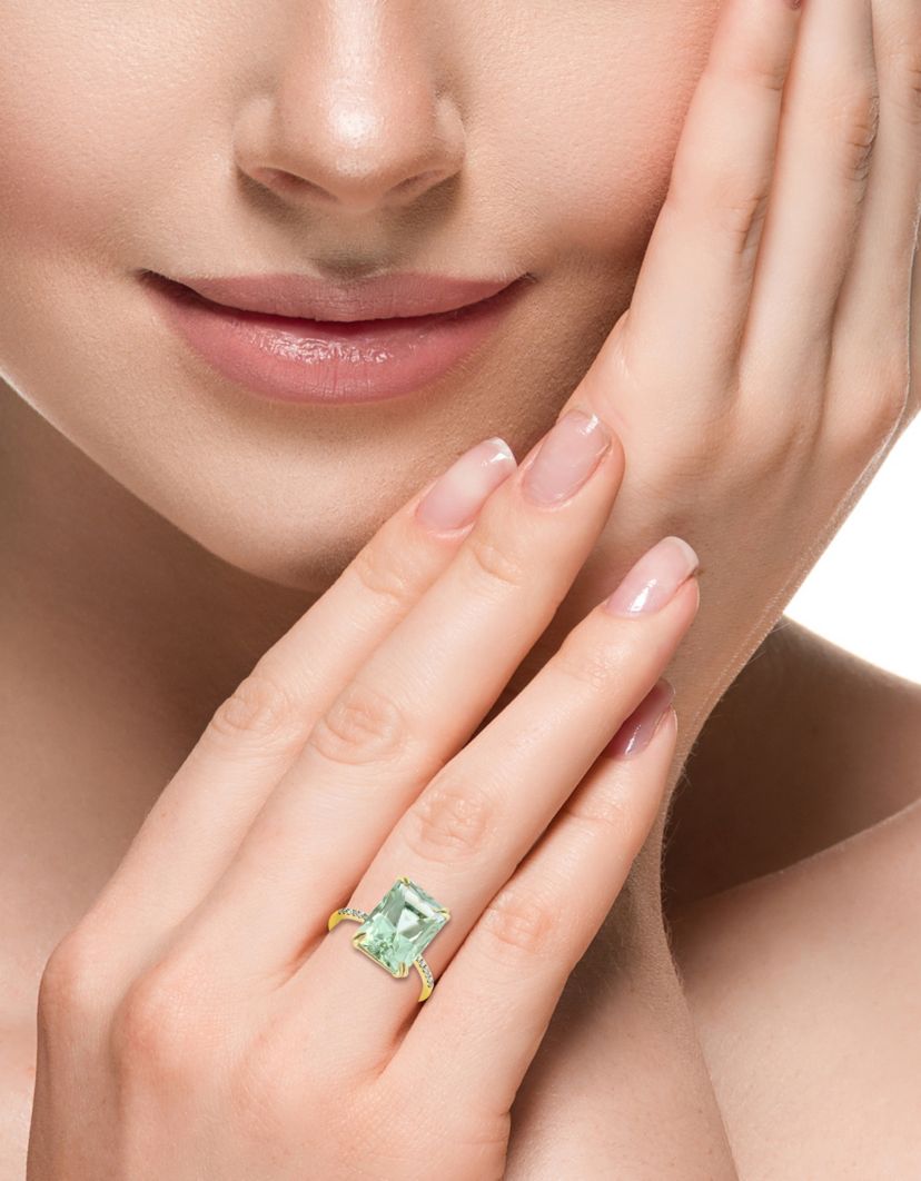 Diamond and Green Amethyst Ring in 14K Yellow Gold