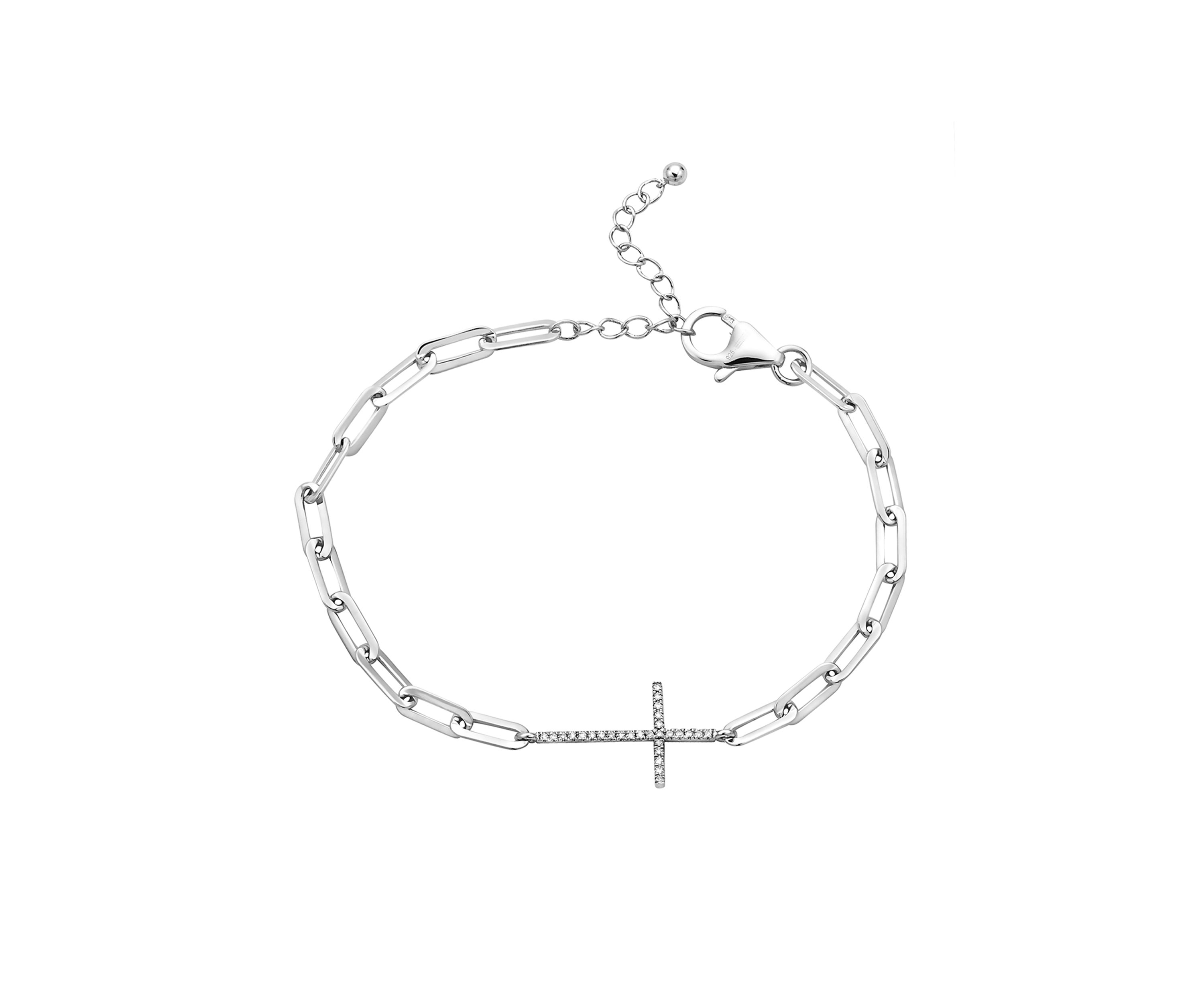 1/10 ct. t.w. Diamond Cross Paperclip Bracelet in Sterling Silver