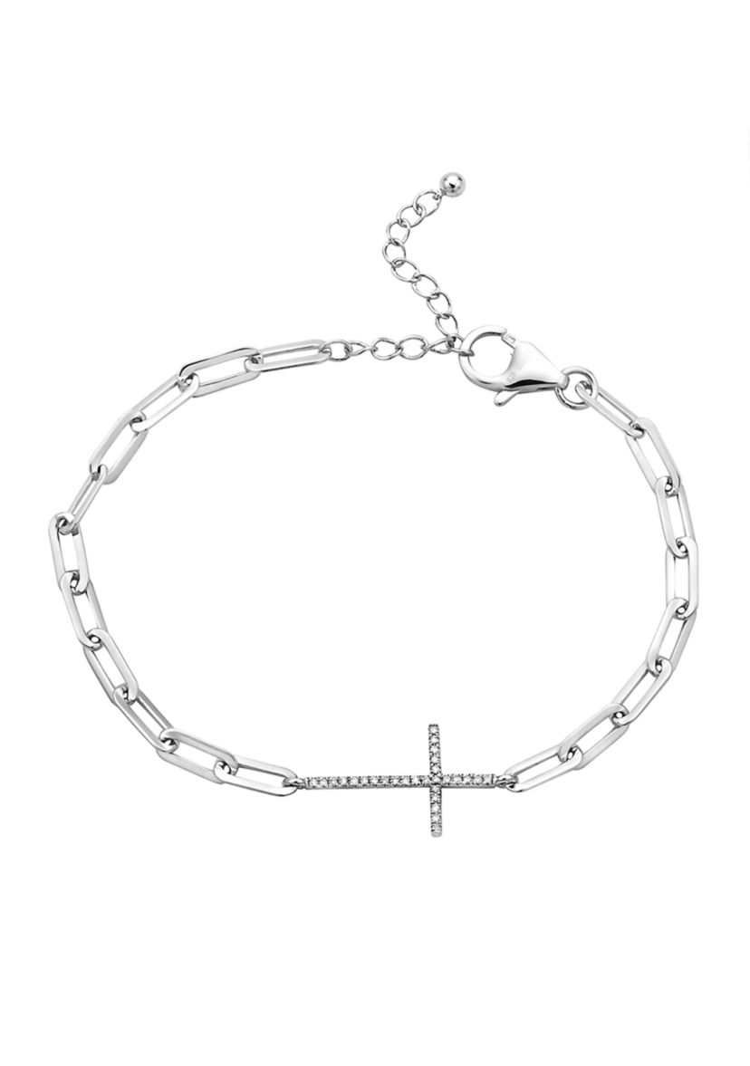 1/10 ct. t.w. Diamond Cross Paperclip Bracelet in Sterling Silver