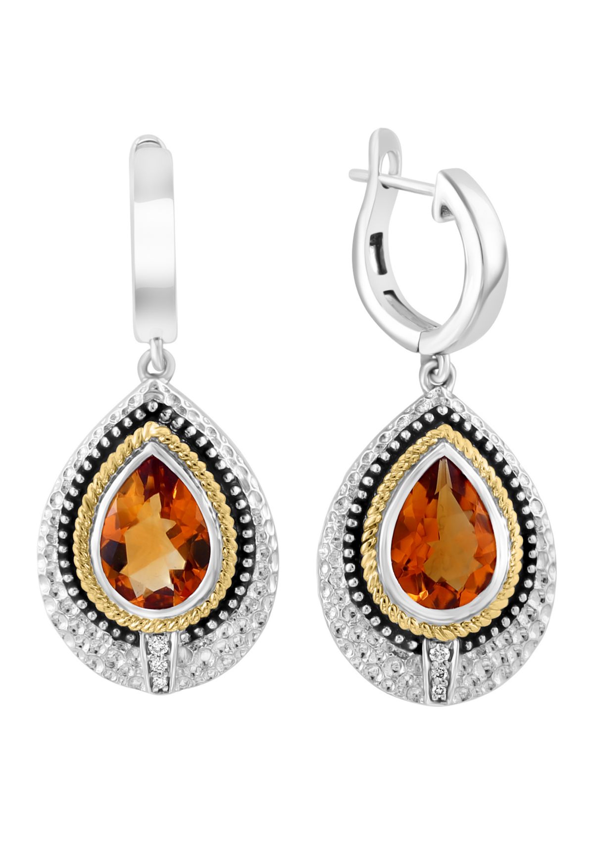 925 Sterling Silver/14K Yellow Gold Diamont, Citrine Hoop Earrings 