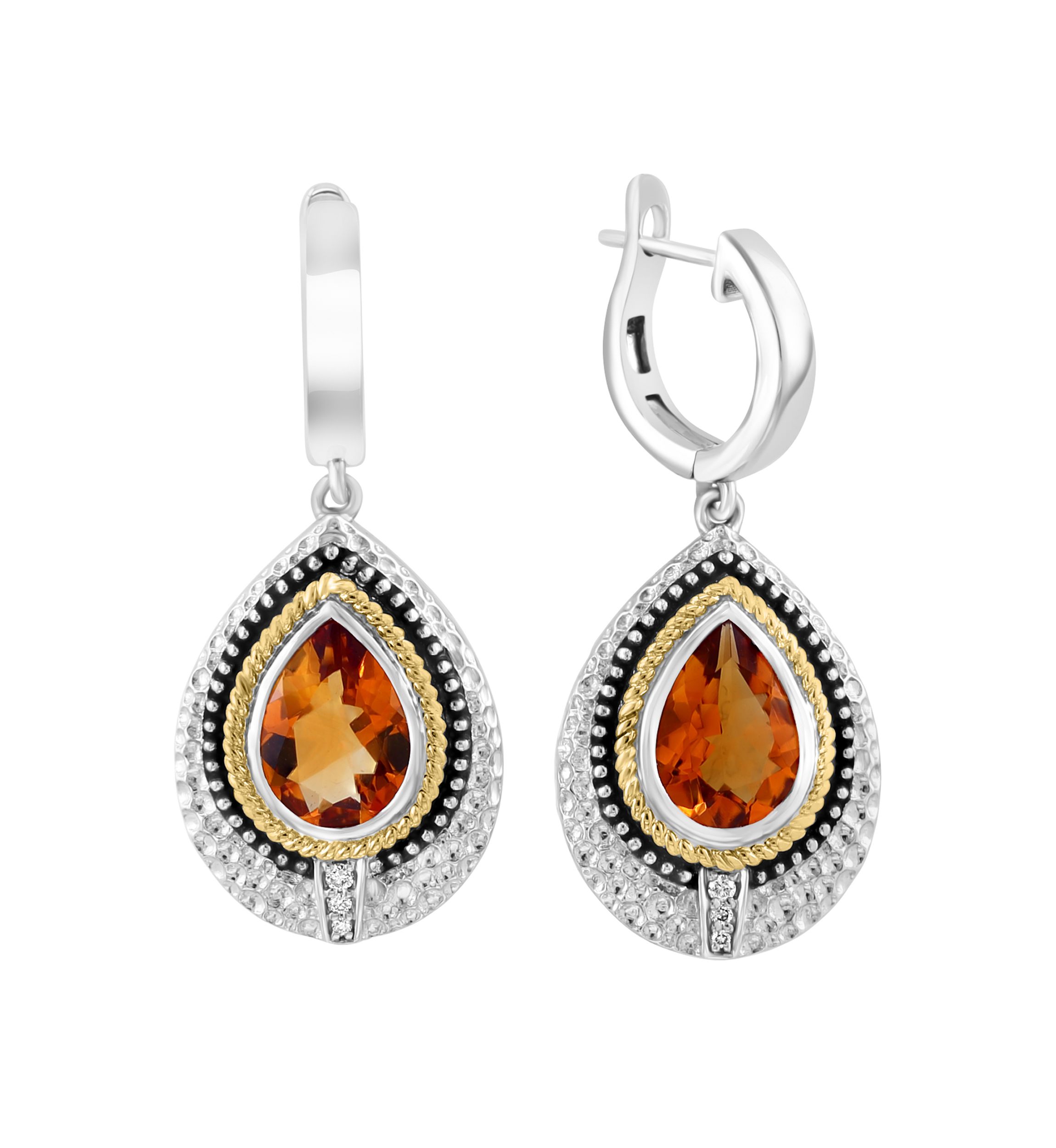 925 Sterling Silver/14K Yellow Gold Diamont, Citrine Hoop Earrings 