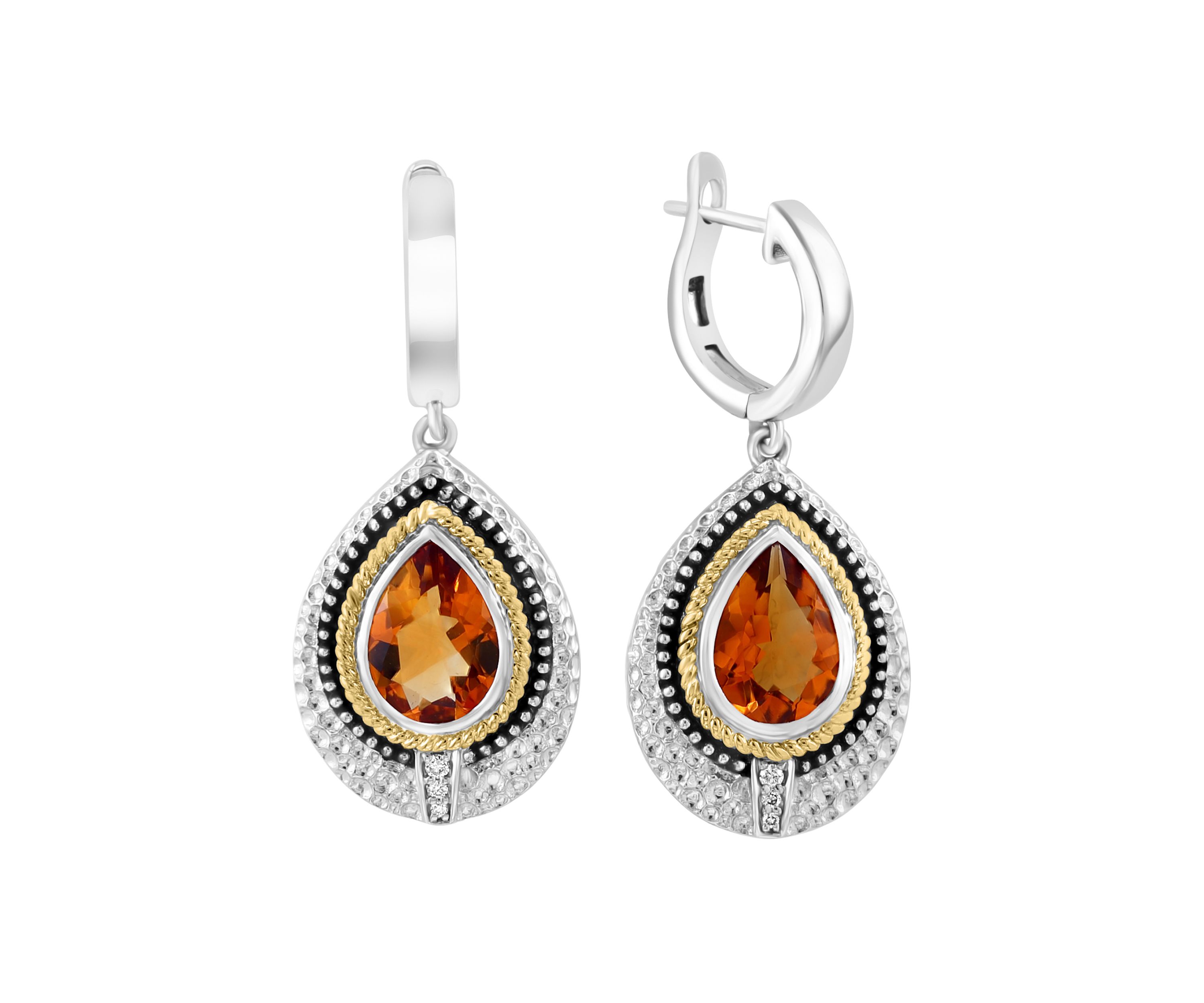 925 Sterling Silver/14K Yellow Gold Diamont, Citrine Hoop Earrings 