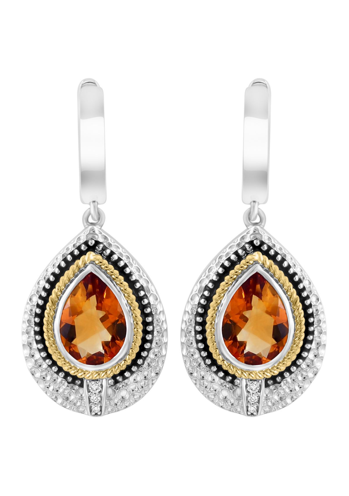 925 Sterling Silver/14K Yellow Gold Diamont, Citrine Hoop Earrings 