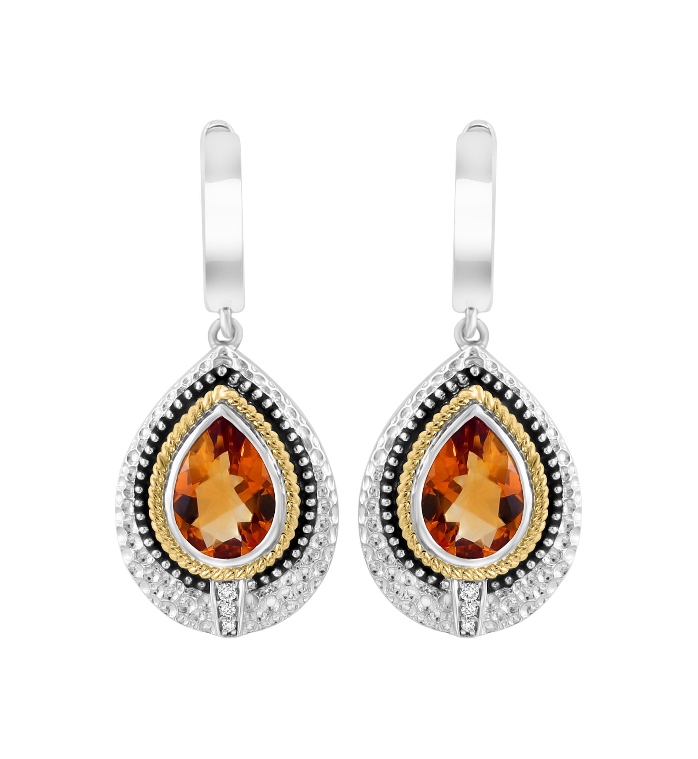 925 Sterling Silver/14K Yellow Gold Diamont, Citrine Hoop Earrings 