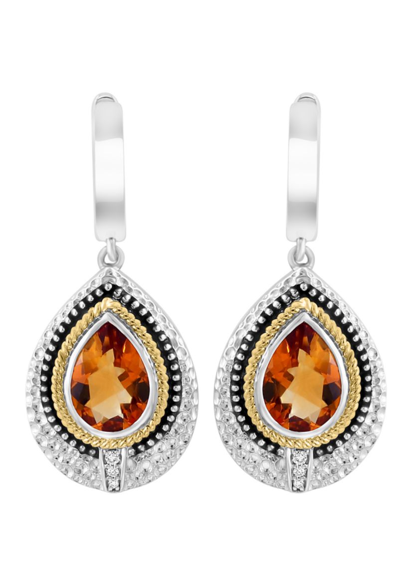 925 Sterling Silver/14K Yellow Gold Diamont, Citrine Hoop Earrings 