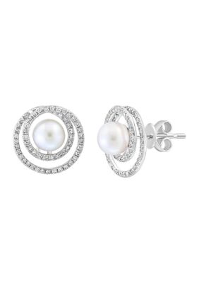 Effy 1/3 Ct. T.w. Diamond And Freshwater Pearl Earrings In Sterling Silver