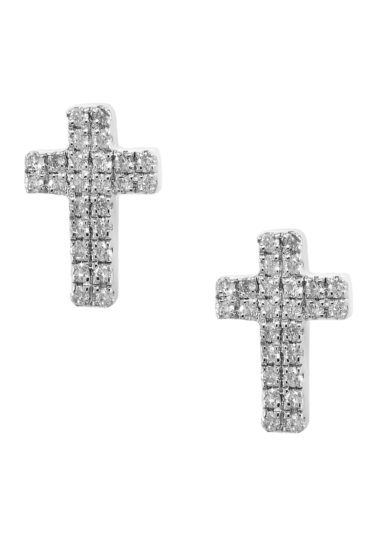 Sterling Silver Cross Pavé Diamond Earrings