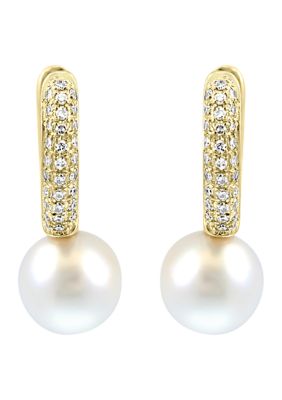 Effy 1/5 Ct. T.w. Diamond And Freshwater Pearl Earrings In Gold Over Sterling Silver