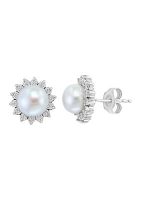 Effy Sterling Silver 1/10 Ct. T.w. Diamond And Freshwater Pearl Earrings