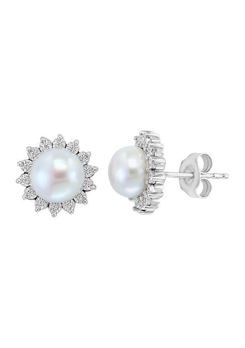 Sterling Silver 1/10 ct. t.w. Diamond and Freshwater Pearl Earrings