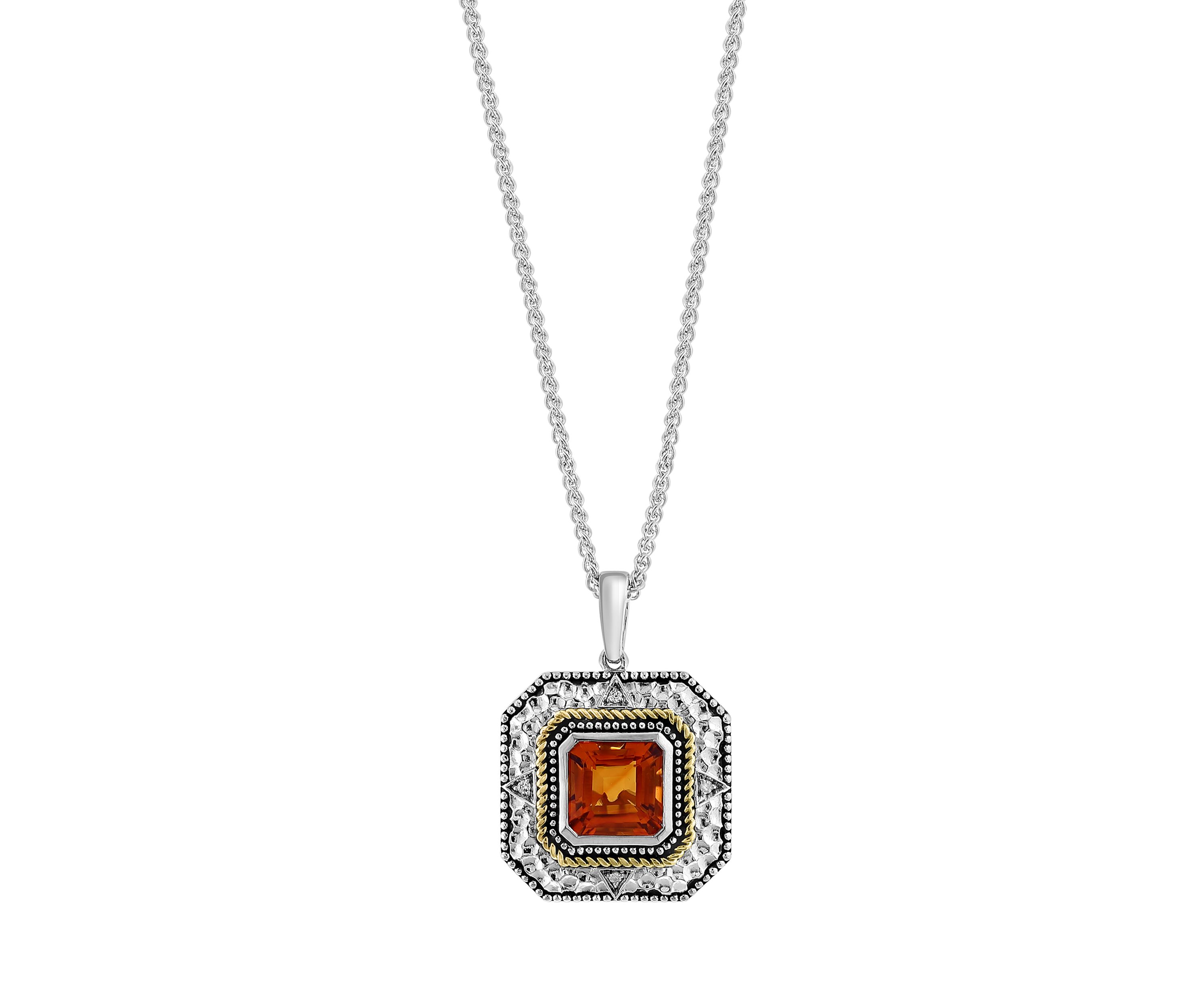 Diamond and Citrine Pendant Necklace in Sterling Silver and 14K Yellow Gold