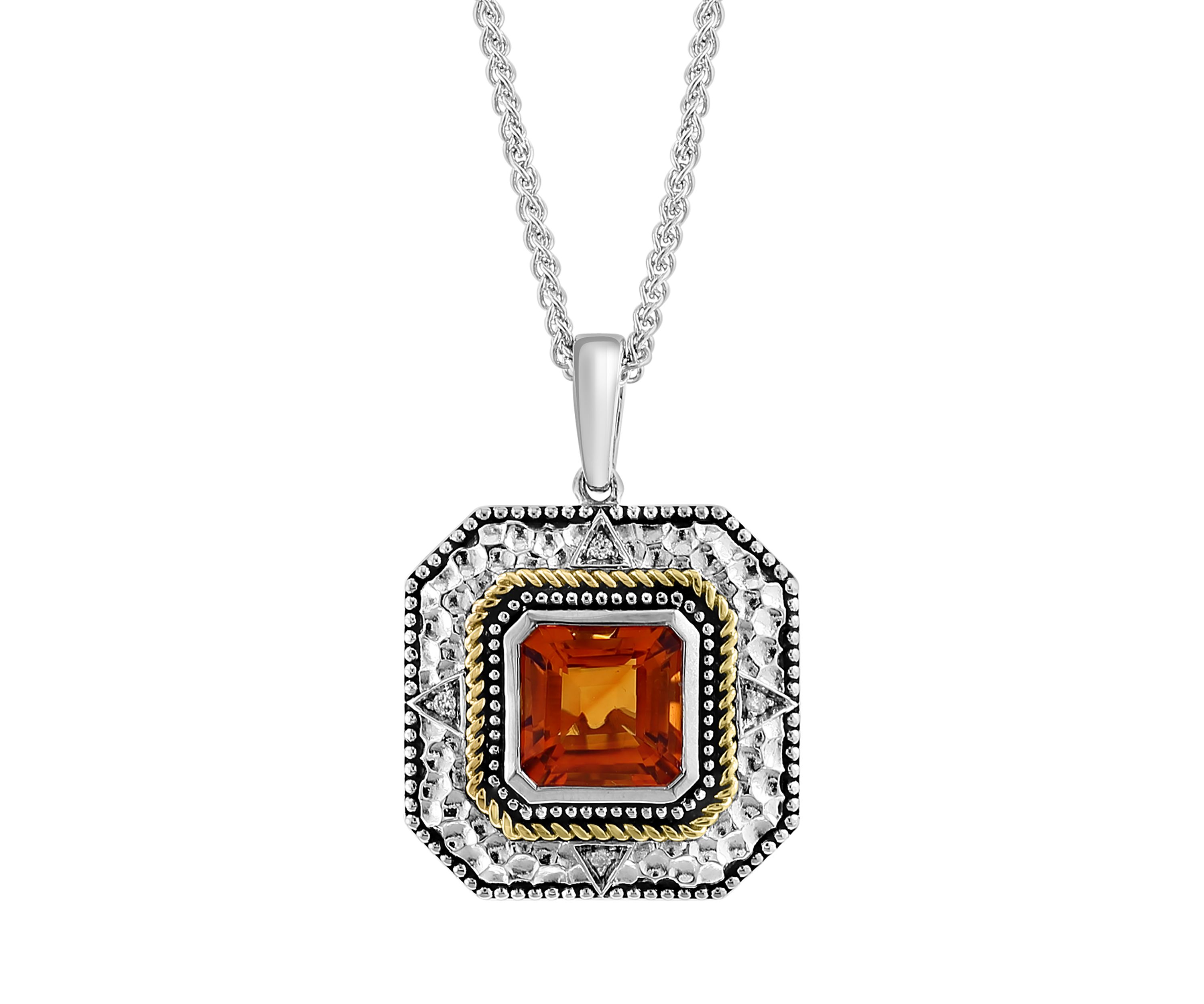 Diamond and Citrine Pendant Necklace in Sterling Silver and 14K Yellow Gold
