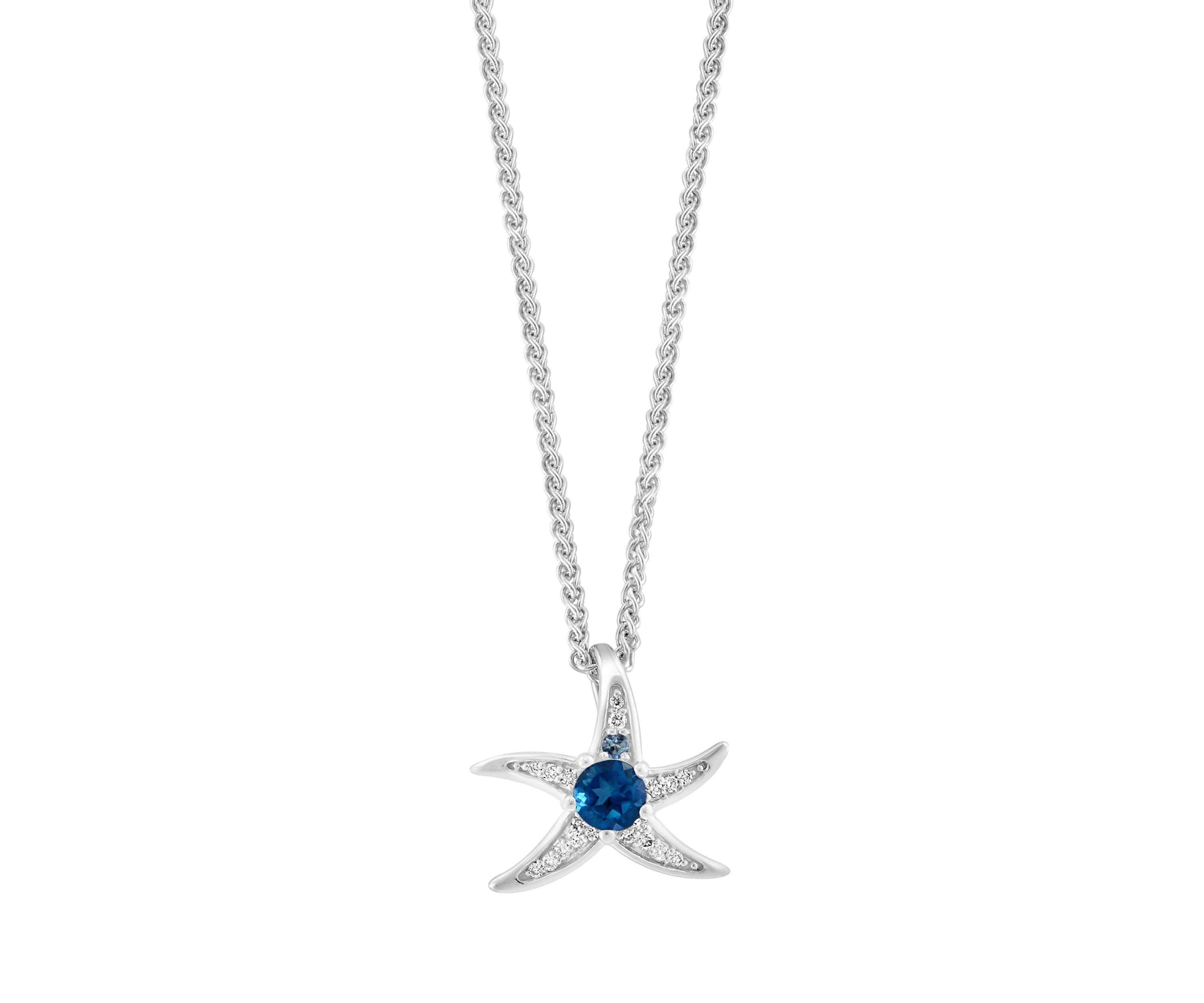 Diamond and Blue Topaz Starfish Pendant Necklace in Sterling Silver