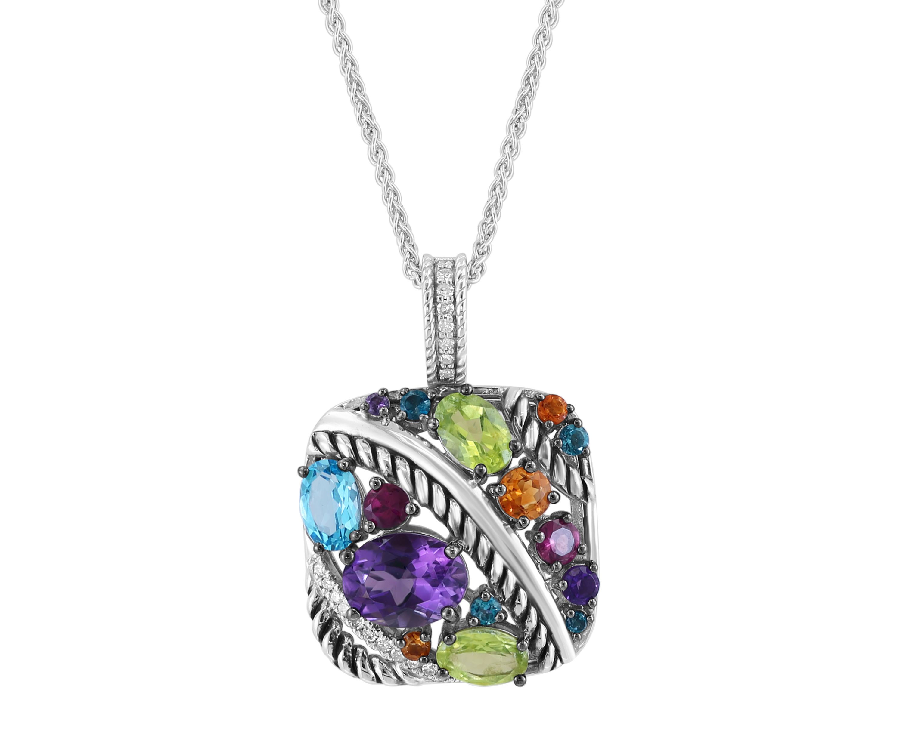 Sterling Silver Diamond Amethyst, Blue Topaz, London Blue Topaz, Citrine, Rhodolite, And Peridot Ring