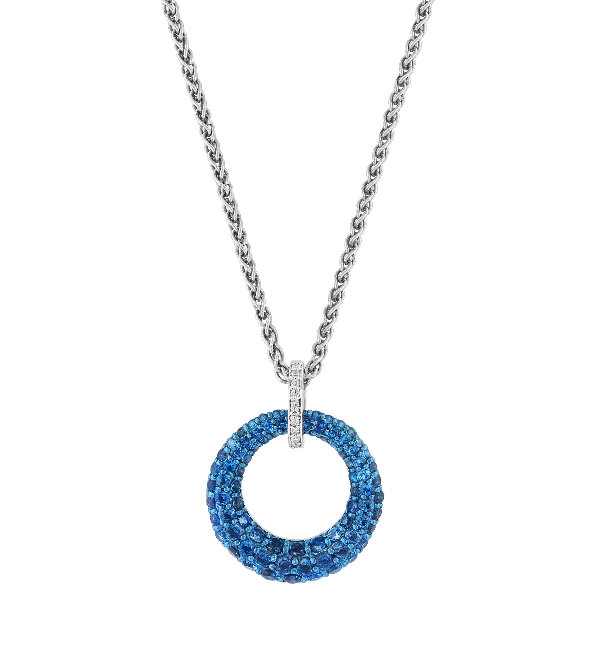 Diamond and London Blue Topaz Circle Pendant Necklace in Sterling Silver