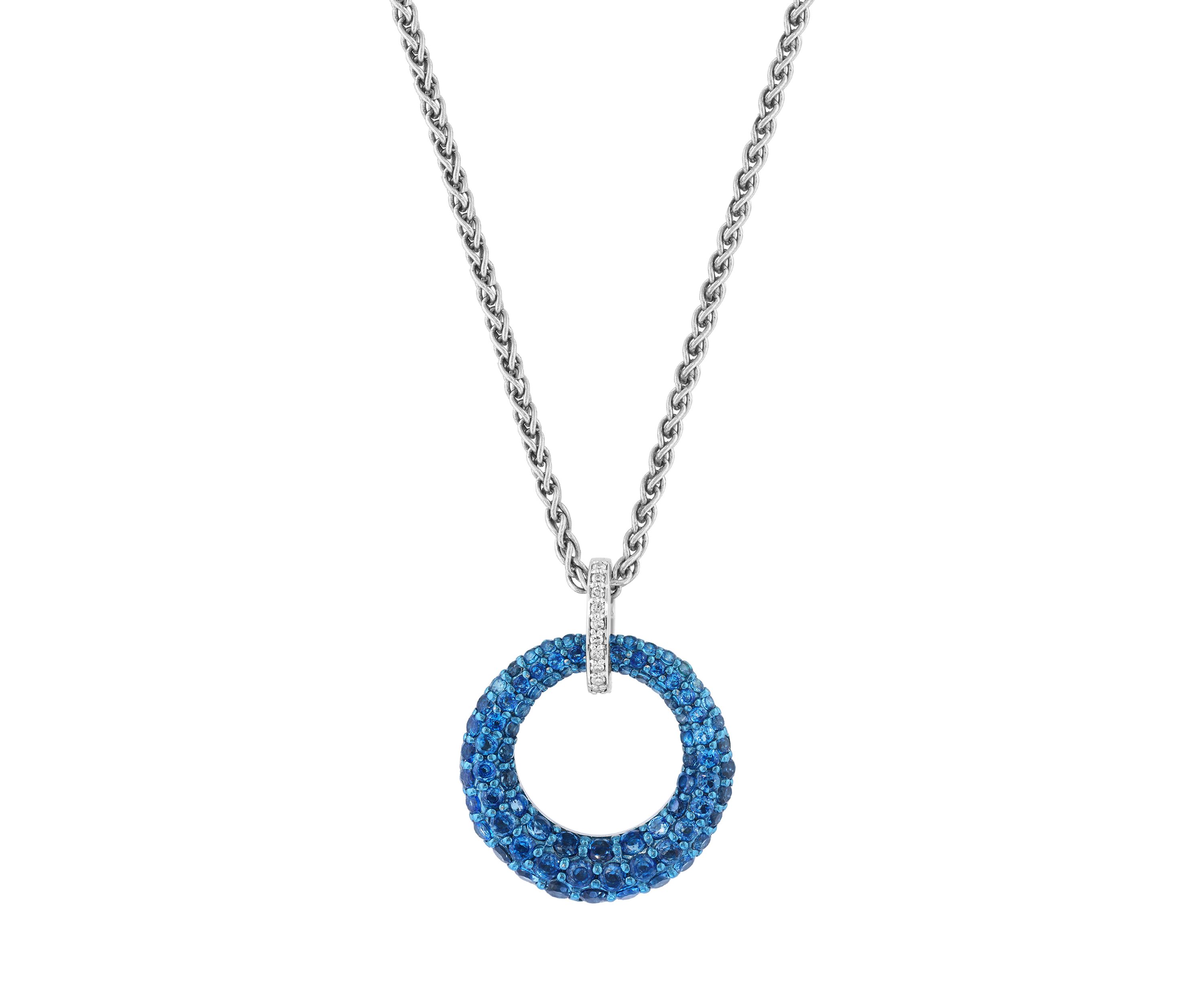 Diamond and London Blue Topaz Circle Pendant Necklace in Sterling Silver