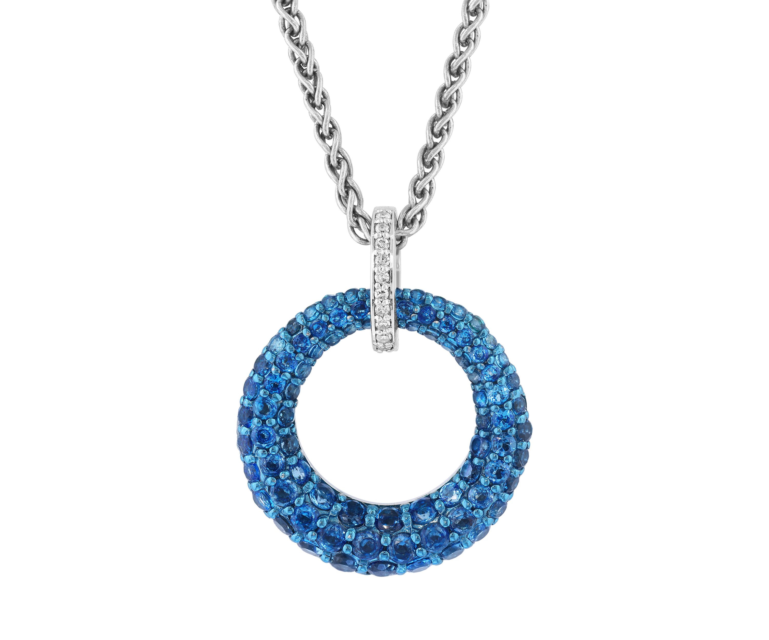 Diamond and London Blue Topaz Circle Pendant Necklace in Sterling Silver