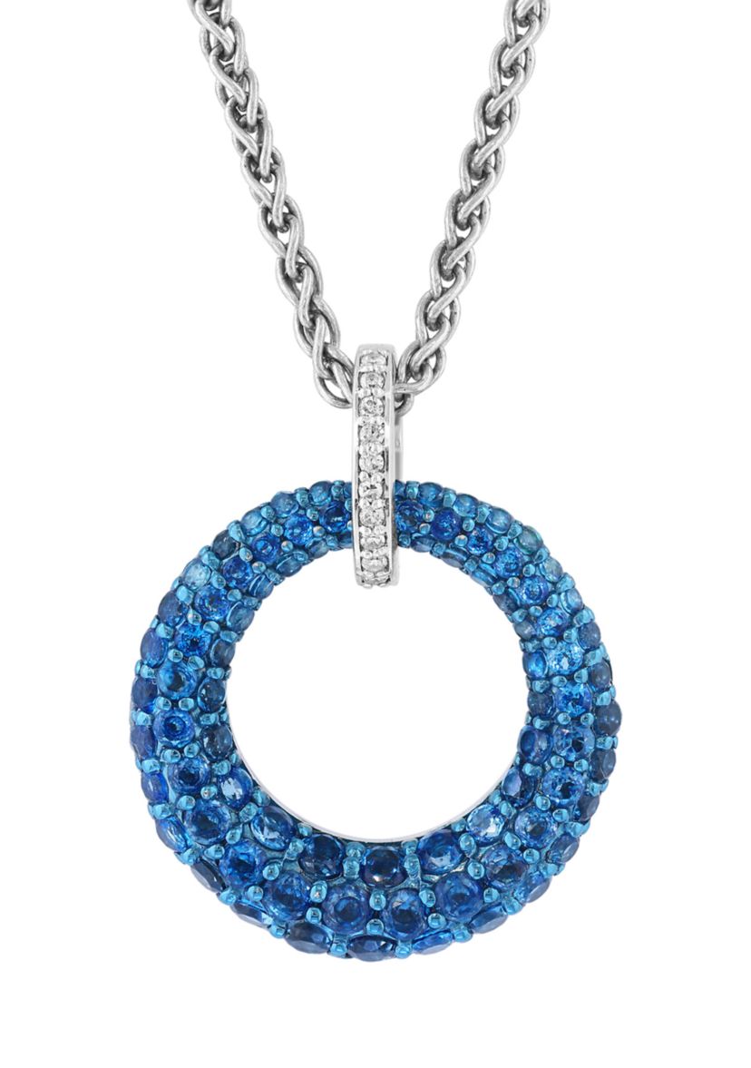 Diamond and London Blue Topaz Circle Pendant Necklace in Sterling Silver