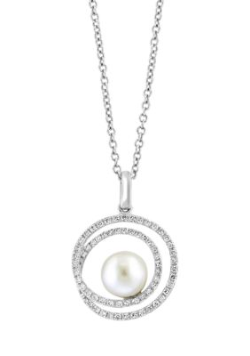 Effy 1/5 Ct. T.w. Diamond And Freshwater Pearl Pendant Necklace In Sterling Silver