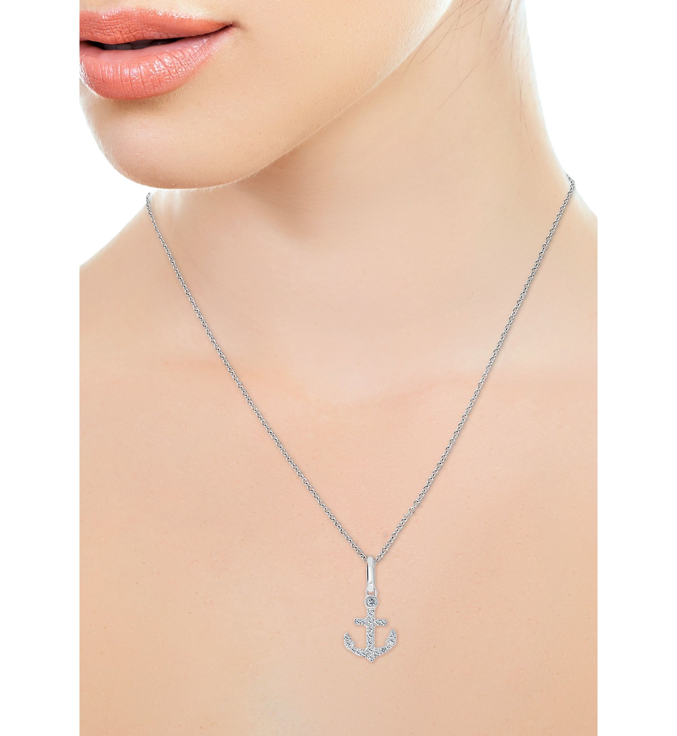  Sterling Silver 1/10 ct. t.w. Diamond Anchor Pendant Necklace 