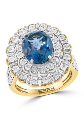 Effy Diamond and London Blue Topaz Ring in 14K Gold Over Silver, Yellow, 7