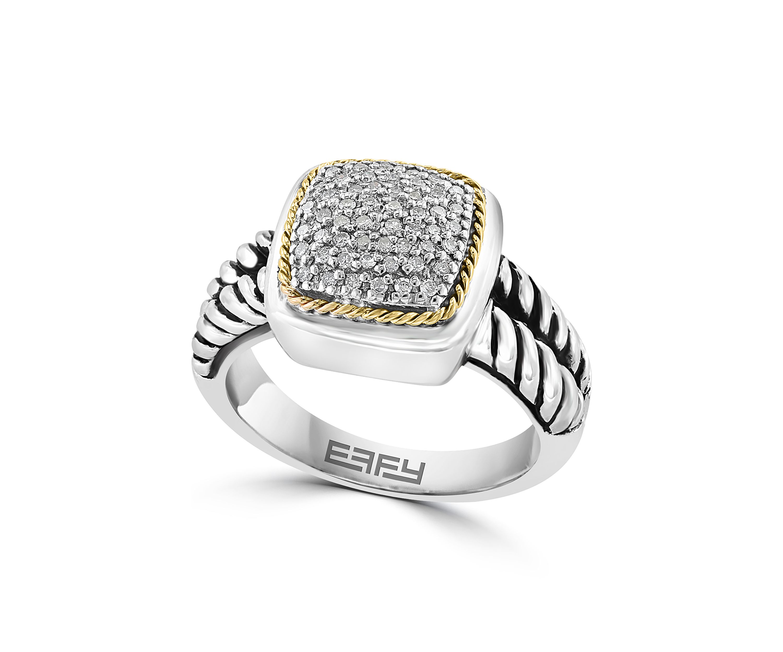 Cable 1/5 ct. t.w. Diamond Square Ring in Sterling Silver and 18K Yellow Gold 