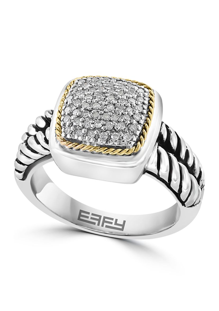 Cable 1/5 ct. t.w. Diamond Square Ring in Sterling Silver and 18K Yellow Gold 