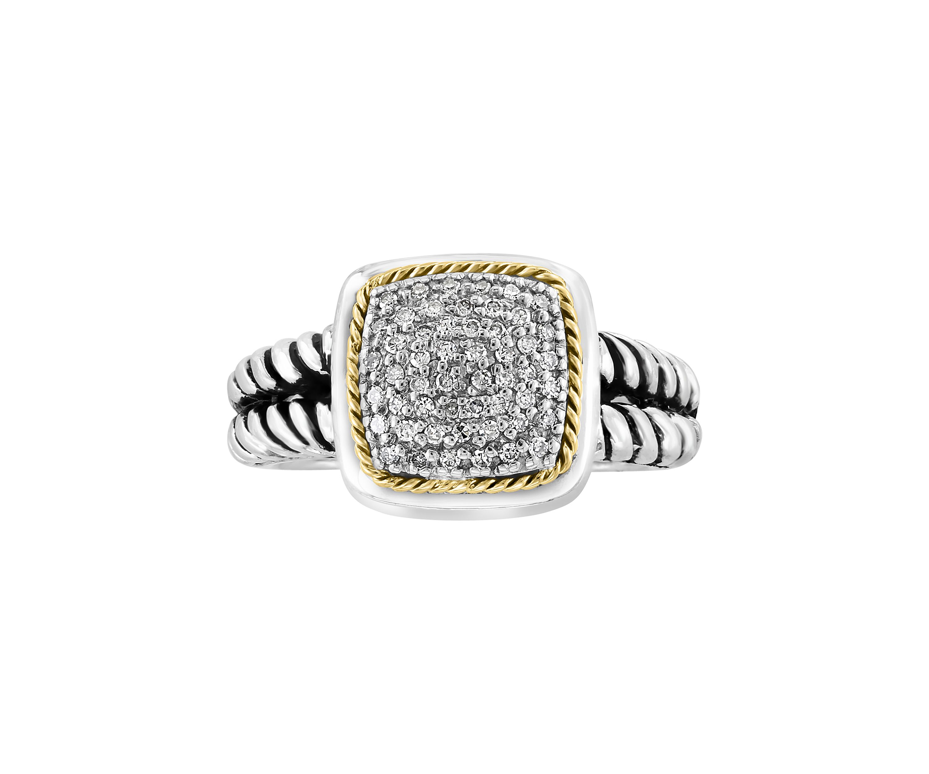 Cable 1/5 ct. t.w. Diamond Square Ring in Sterling Silver and 18K Yellow Gold 