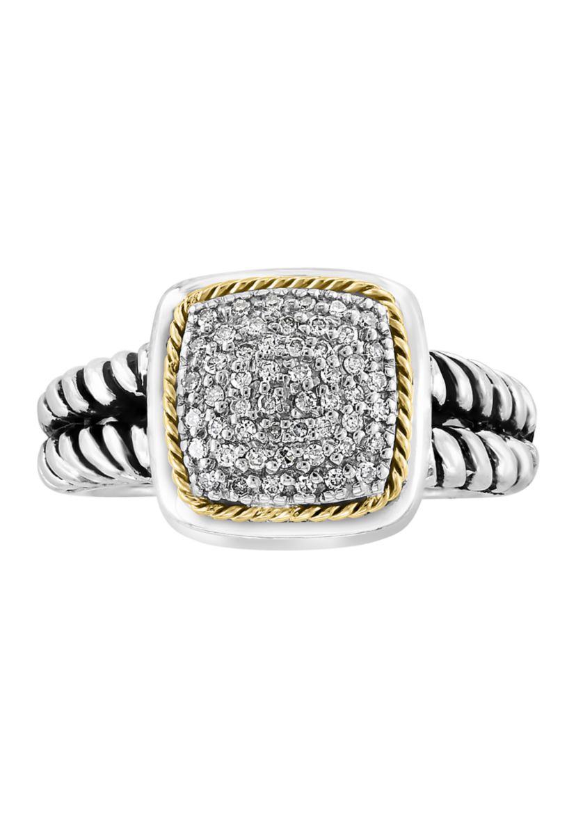 Cable 1/5 ct. t.w. Diamond Square Ring in Sterling Silver and 18K Yellow Gold 
