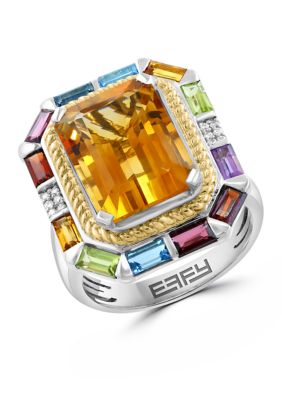 Effy Sterling Silver/14K Yellow Gold Diamond, Amethyst, Blue Topaz, London Blue Topaz, Citrine, Garnet, Rhodolite, Peridot Ring, 7