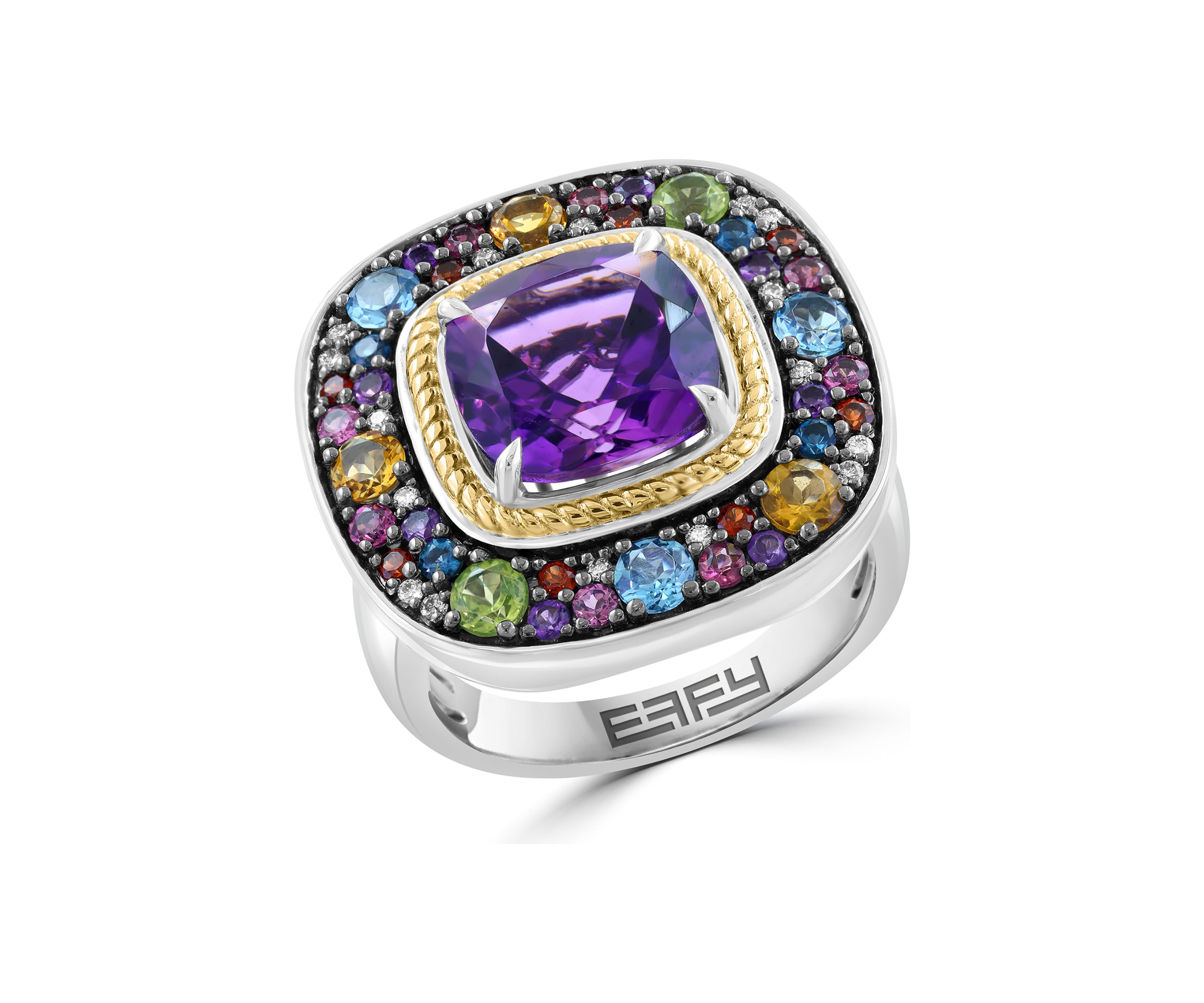 Diamond and Multi Gemstone Ring in Sterling Silver and 14K Yellow Gold
