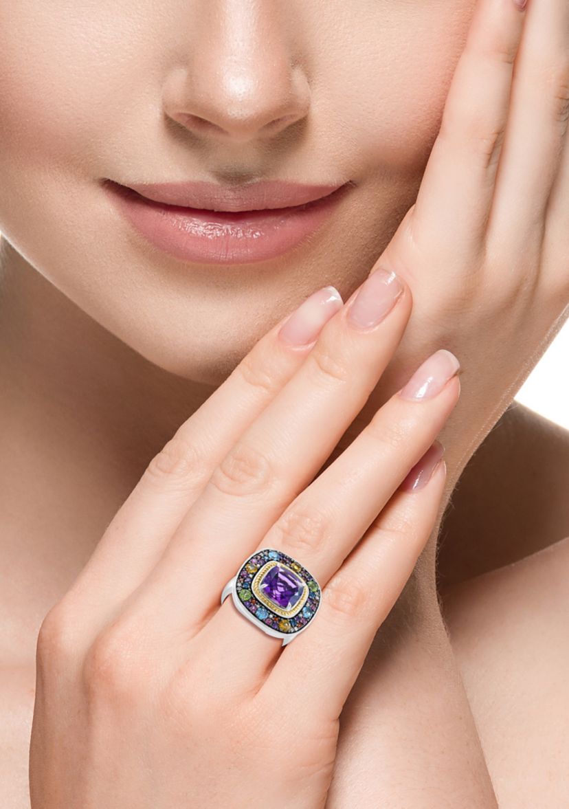 Diamond and Multi Gemstone Ring in Sterling Silver and 14K Yellow Gold
