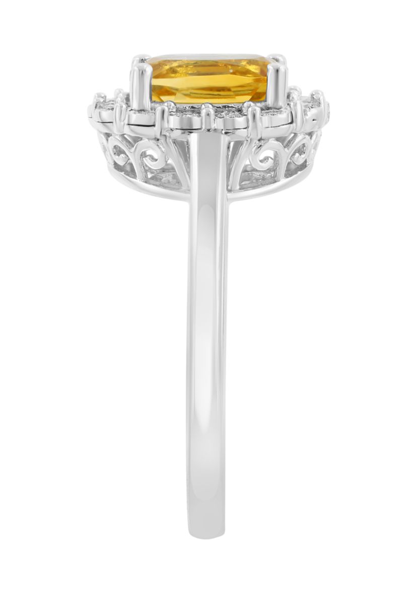 925 Sterling Silver Diamond, Citrine Ring 