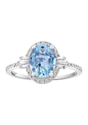 Effy Sterling Silver Diamond, Aquamarine Ring, 7