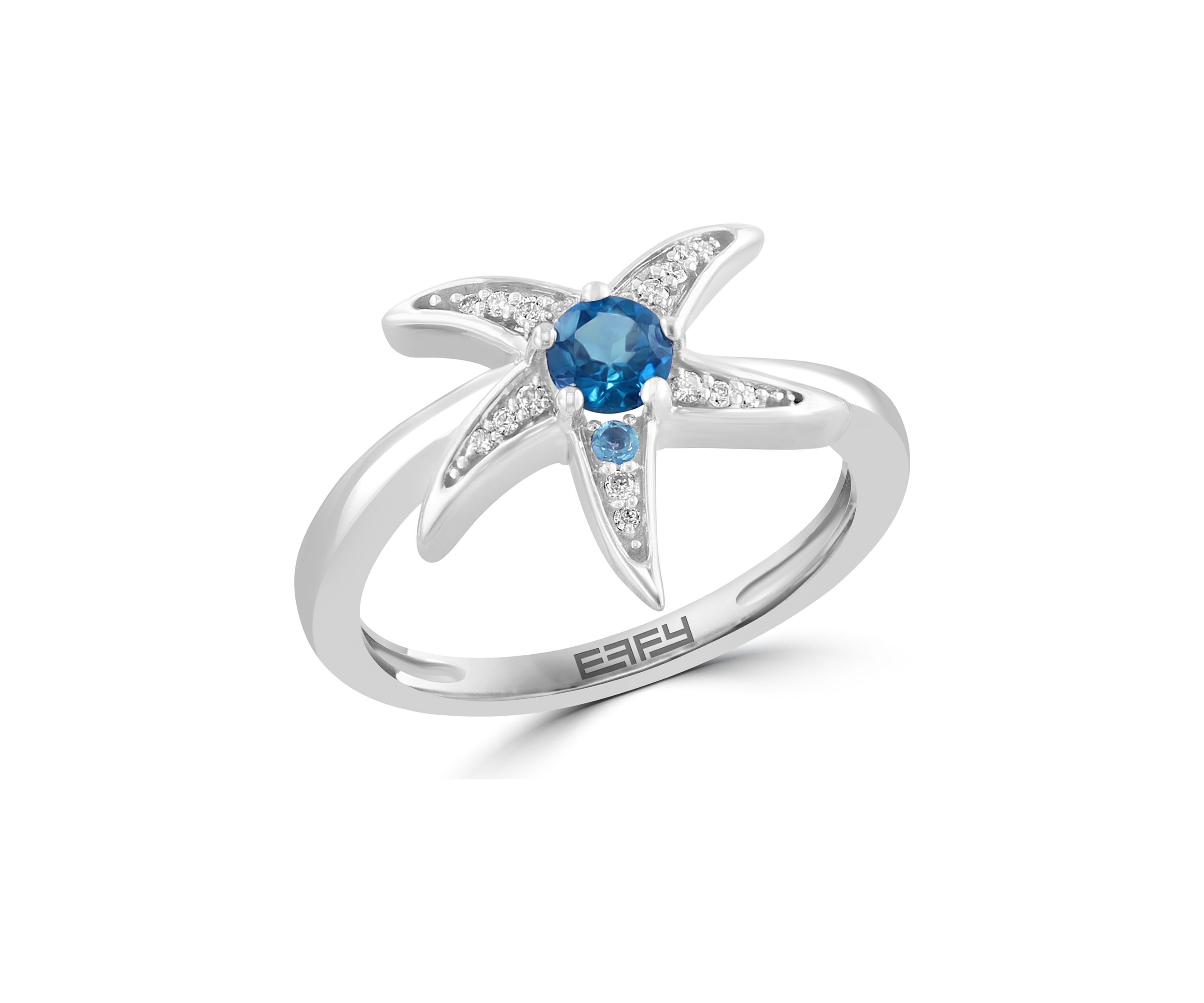 Diamond and Blue Topaz Starfish Ring in Sterling Silver