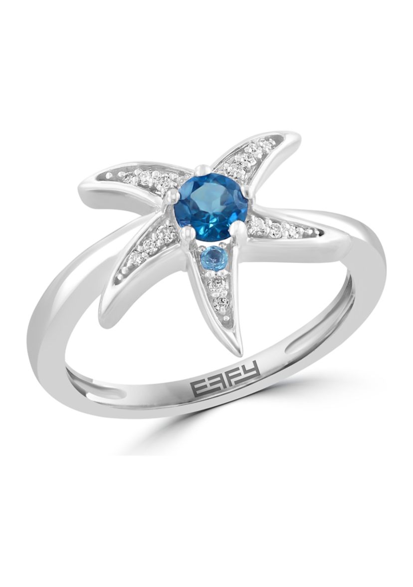 Diamond and Blue Topaz Starfish Ring in Sterling Silver