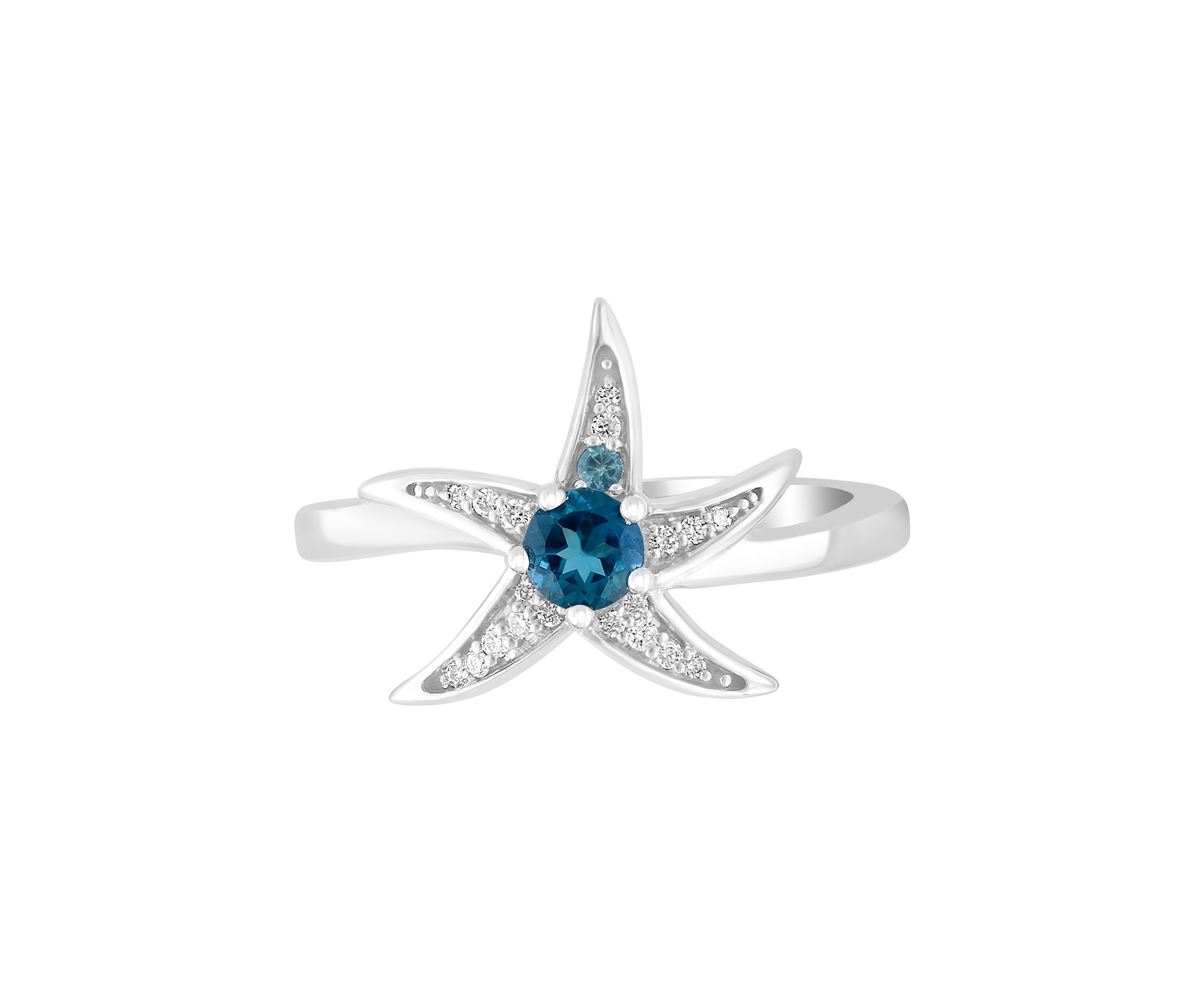 Diamond and Blue Topaz Starfish Ring in Sterling Silver