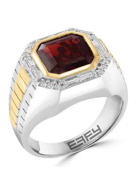 Effy Men's 1/3 Ct. T.w. Diamond And Garnet Ring In Sterling Silver And Gold Plated Metal