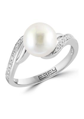 Effy 1/10 Ct. T.w. Diamond And Freshwater Pearl Ring In Sterling Silver