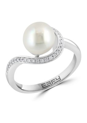 Effy 1/10 Ct. T.w. Diamond And Freshwater Pearl Ring In Sterling Silver