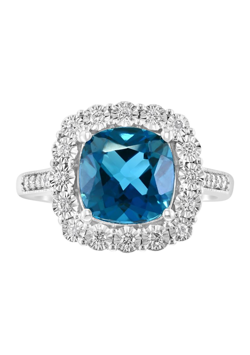 14k White Gold Diamond and London Blue Topaz Ring