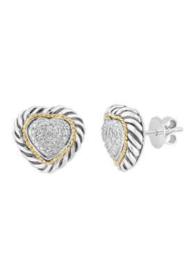 Effy Diamond Heart Stud Earrings In Sterling Silver And 18K Yellow Gold